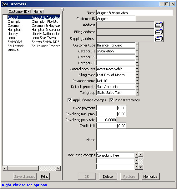 Configure Customers window