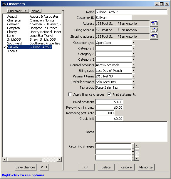 Configure Customers window New Customer Saved