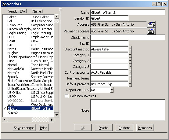 Configure Vendors window New Vendor Saved