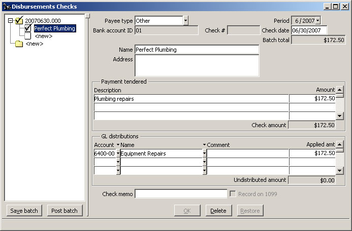 Disbursements Checks window Other check