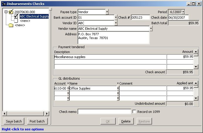 Disbursements Checks Vendor Check