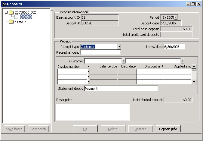 Deposits window Add New Deposit