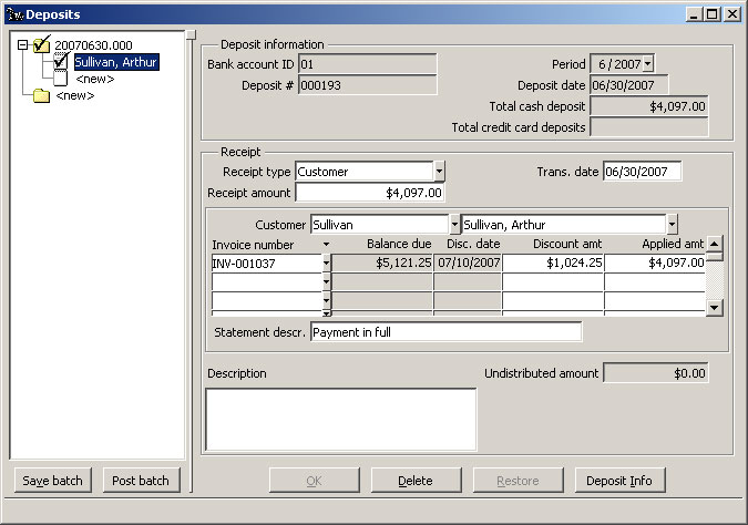 Deposits window Customer Payment Saved