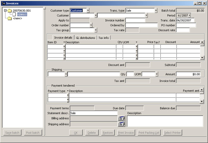 Sales Invoices window Add New Invoice