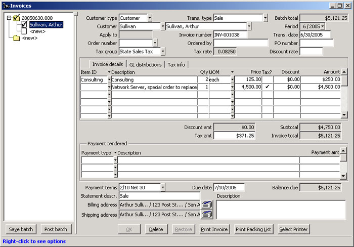 Sales Invoices window New Invoice Saved