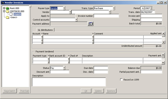 Vendor Invoices window Add New Invoice