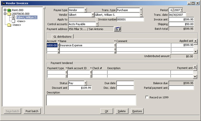 Vendor Invoices window New Vendor Invoice Saved