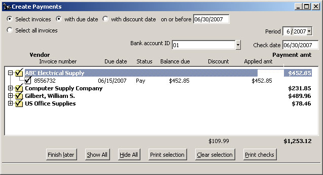 Create Payments window Create New Payments