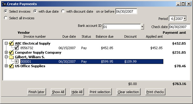 Create Payments window Payment Selections Completed