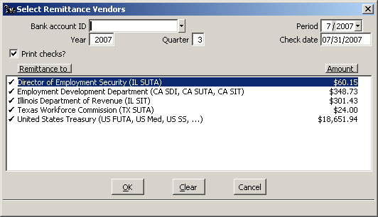 Select Remittance Vendors window