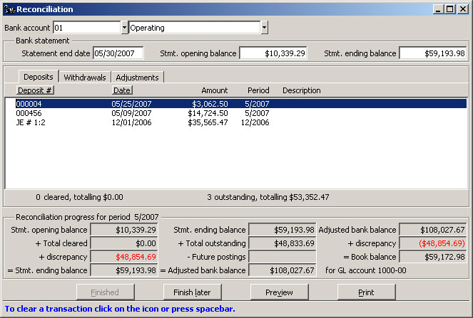 Reconciliation window Deposits Workspace