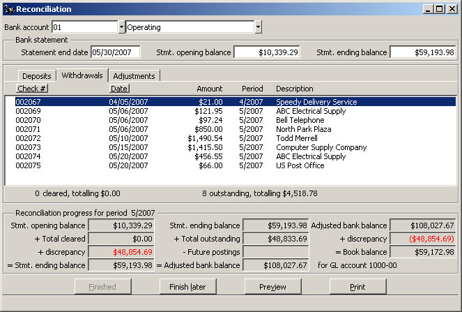 Reconciliation window Withdrawals Workspace